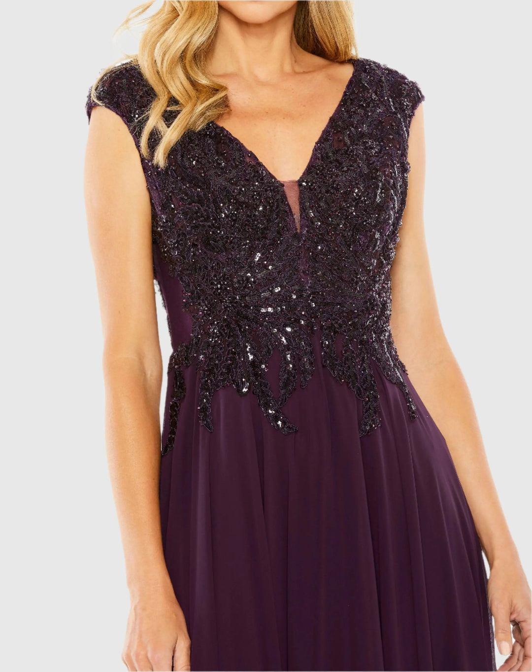 Mac Duggal 20264 Light Cap Sleeve Applique Bodice Flowy Gown