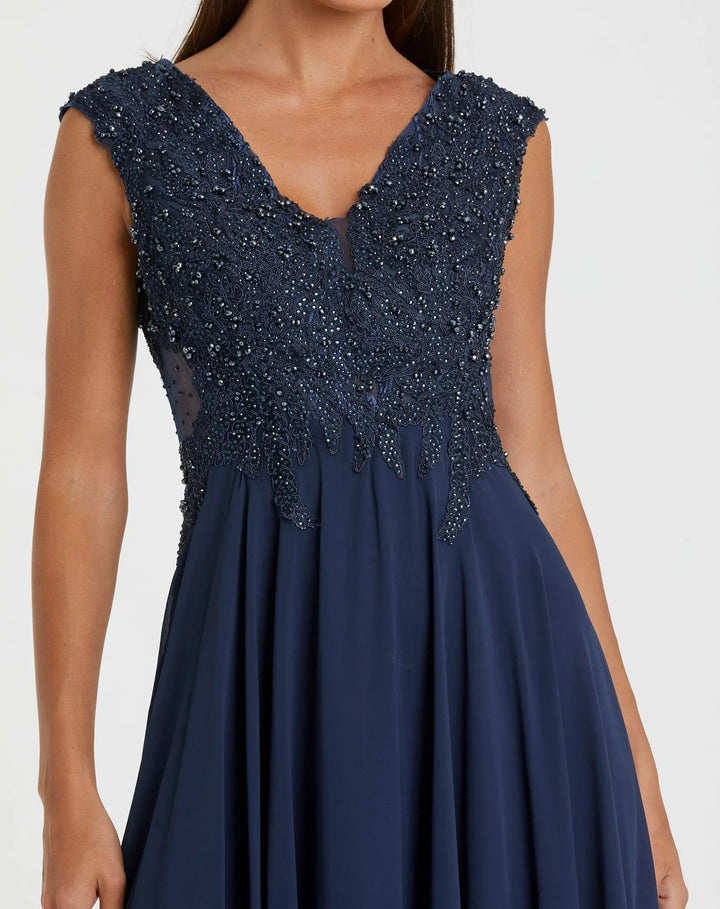 Mac Duggal 20264 Light Cap Sleeve Applique Bodice Flowy Gown