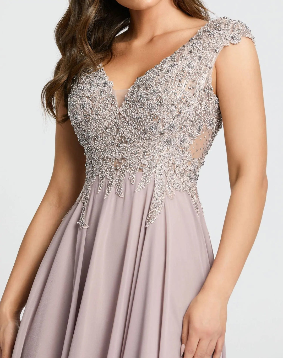 Mac Duggal 20264 Light Cap Sleeve Applique Bodice Flowy Gown