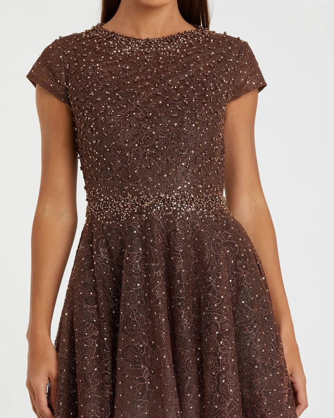 Mac Duggal 20371 Brown Embellished Cap Sleeve A Line Dress