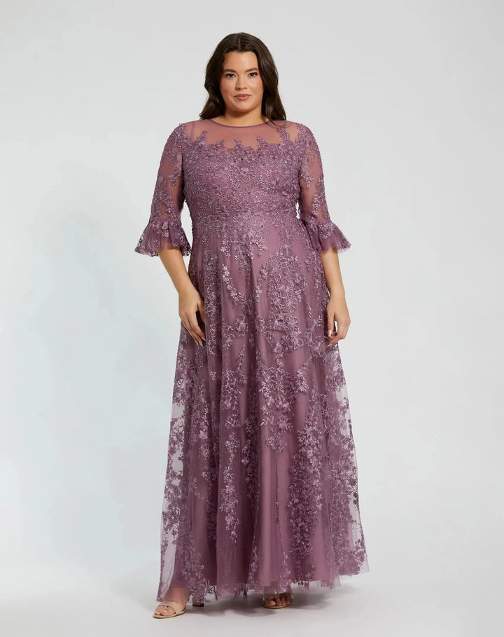 Mac Duggal 20471 High Neck Flutter Sleeve Embroidered A Line Gown