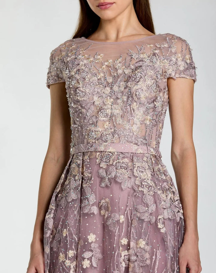 Mac Duggal 20502 Purple Embroidered Cap Sleeve High Neck Midi Dress