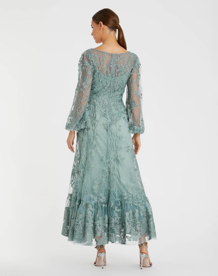 Mac Duggal 20512 Green V-Neck Embroidered A-line Tea Length Dress