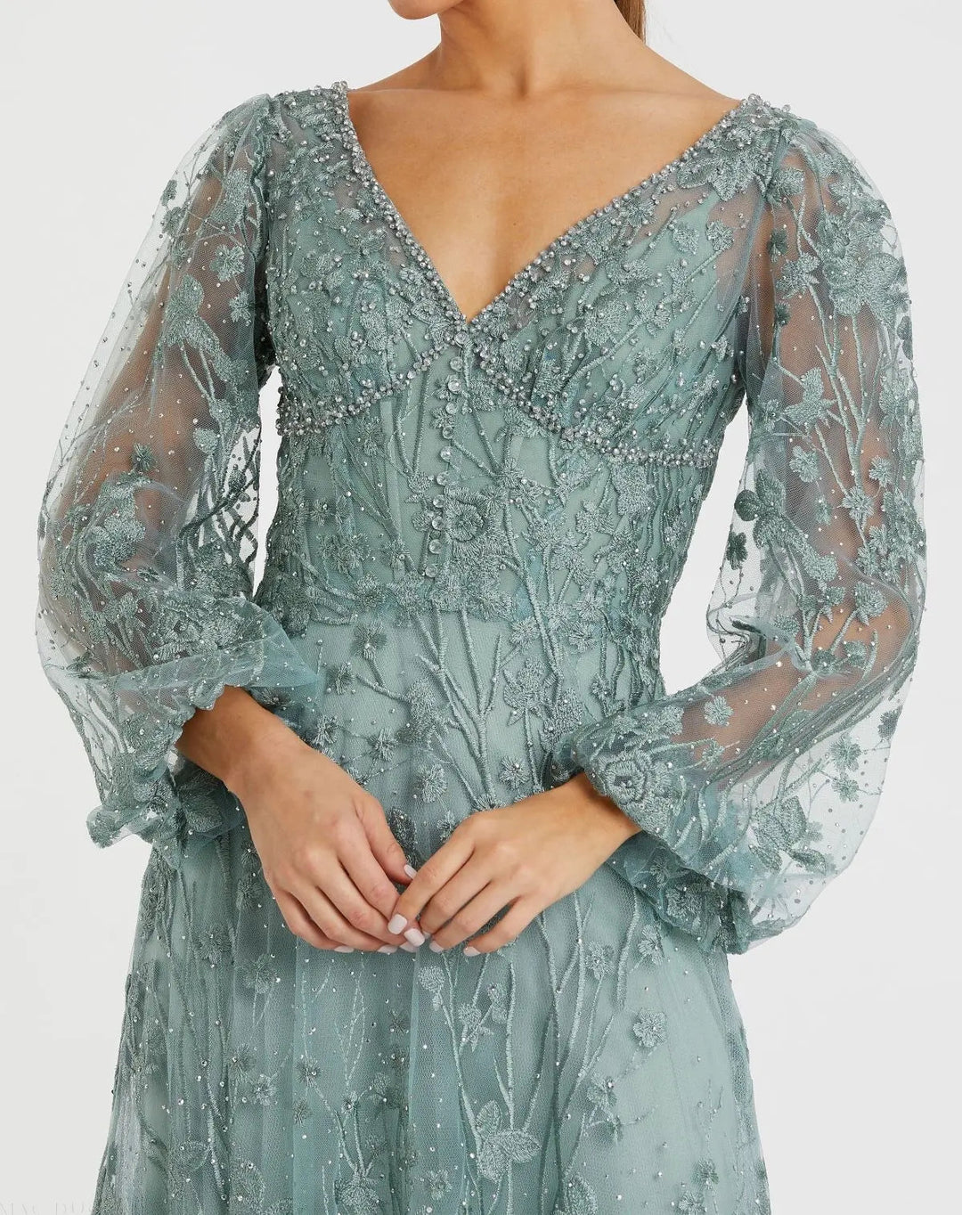 Mac Duggal 20512 Green V-Neck Embroidered A-line Tea Length Dress