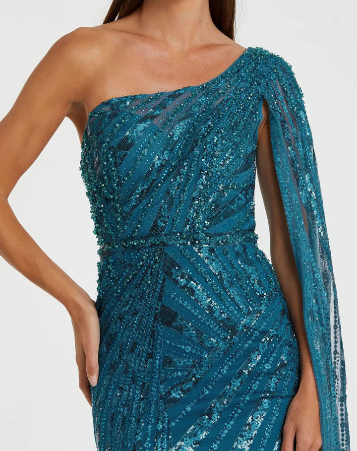 Blue One Shoulder Cape Sleeve Embellished Gown - FOSTANI.com
