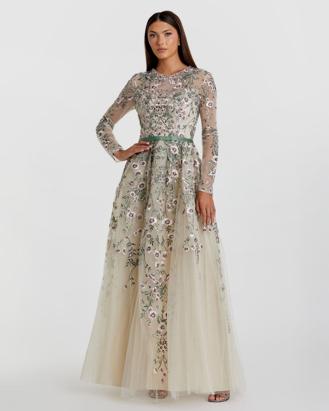 Mac Duggal 20580 Long Sleeve Floral Embellished A-Line Gown