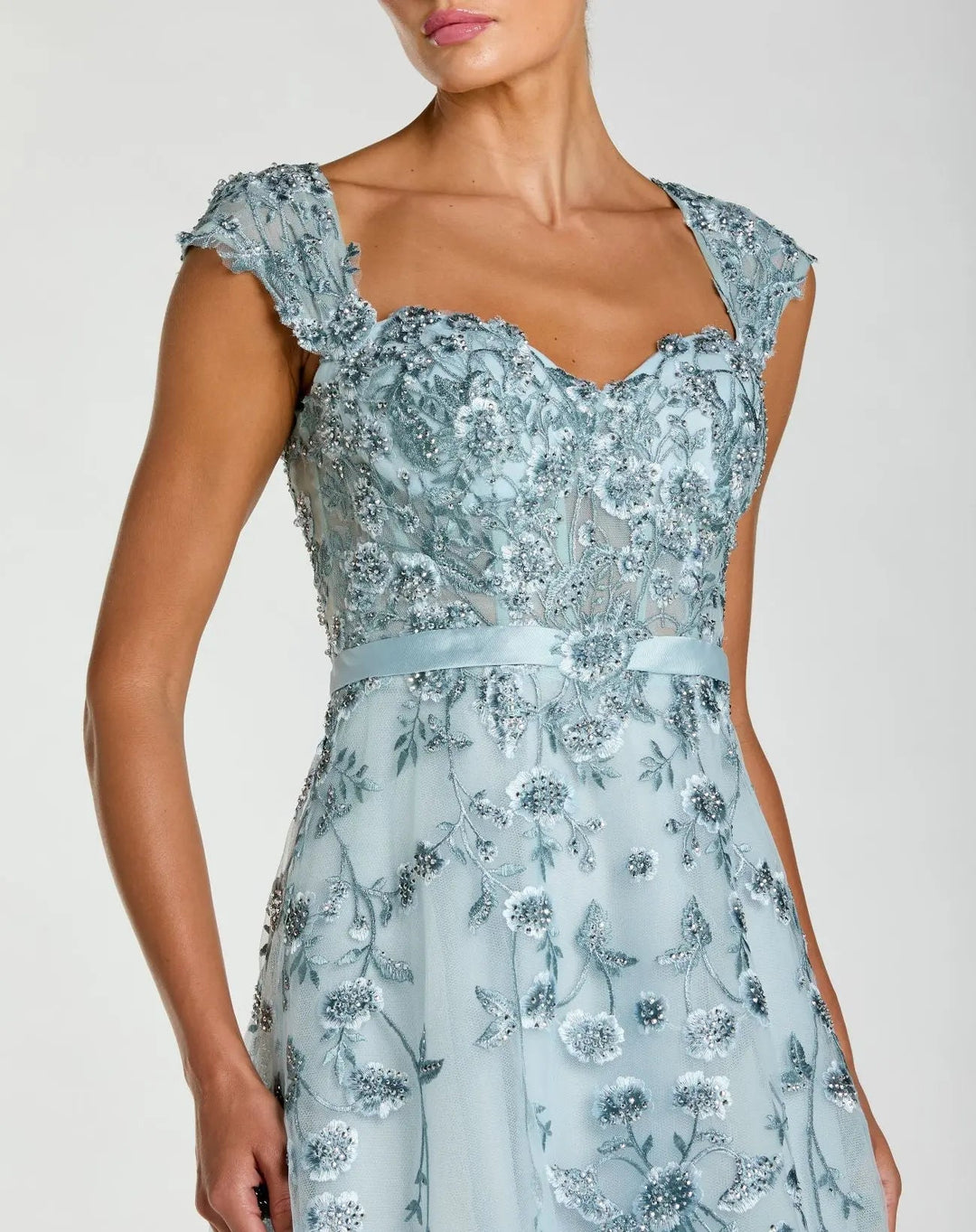Blue Floral Embroidered Sweetheart Neckline Midi Dress - FOSTANI.com