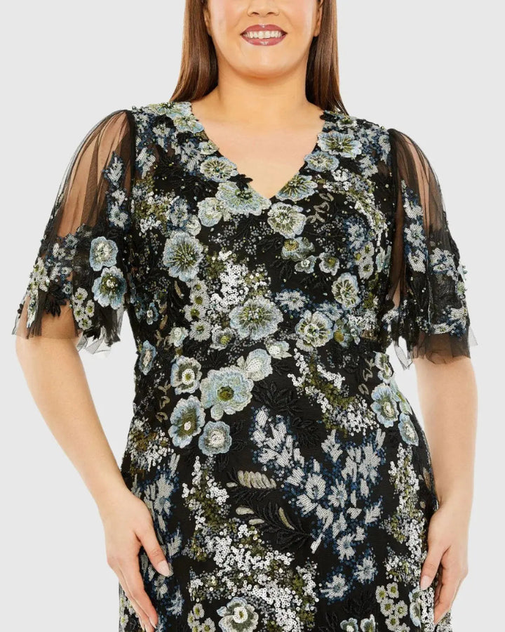 Mac Duggal 20630 Sheer Sleeve V-Neck Floral Embroidered Gown