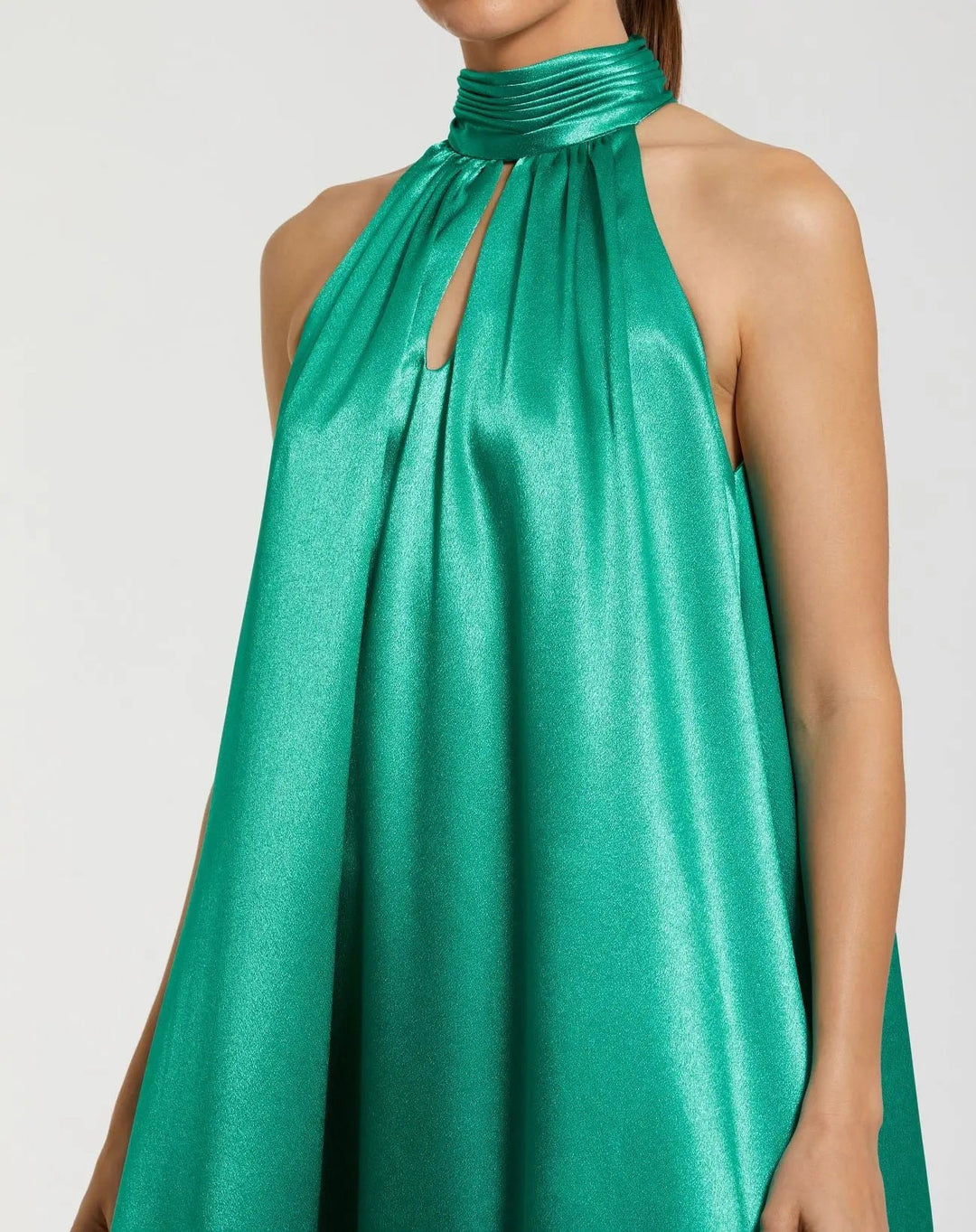 Green Sleeveless Halter Neck Keyhole Satin High Low Gown - FOSTANI.com