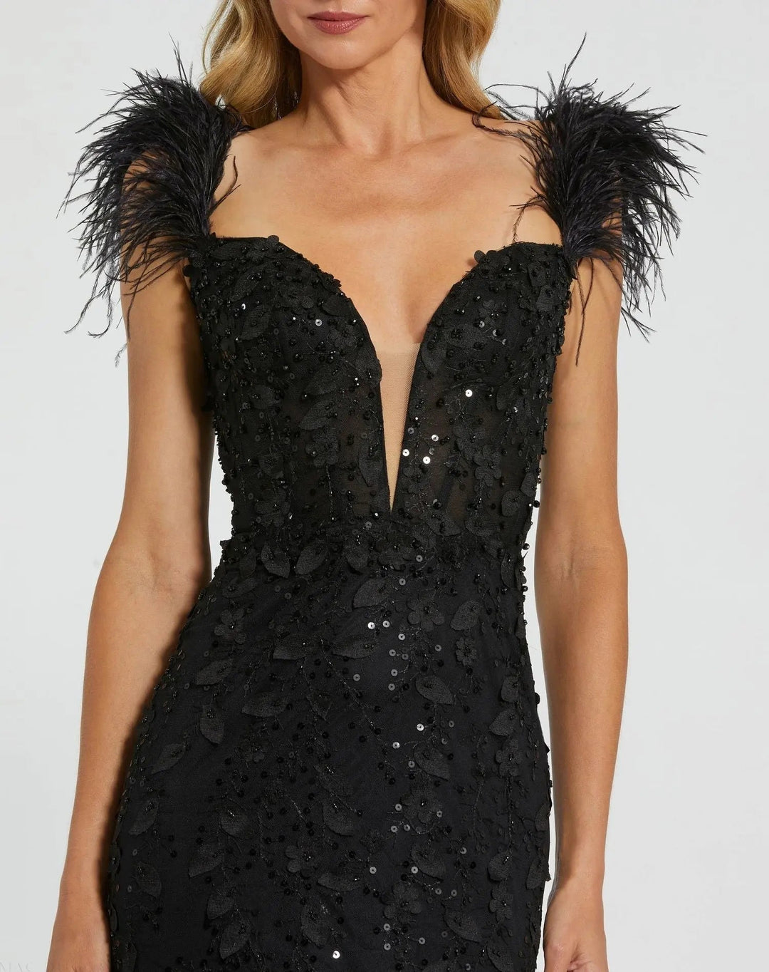 Mac Duggal 20889 Sheer Applique Bustier Gown with Feather Straps
