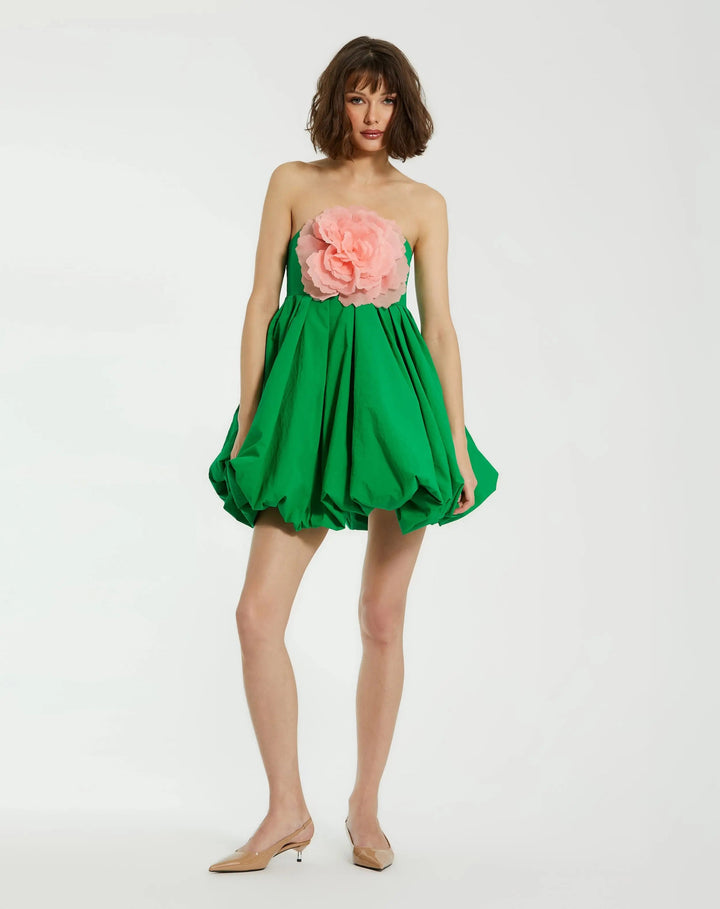 Mac Duggal 20931 Green Strapless Faille Mini Dress With 3D Flower