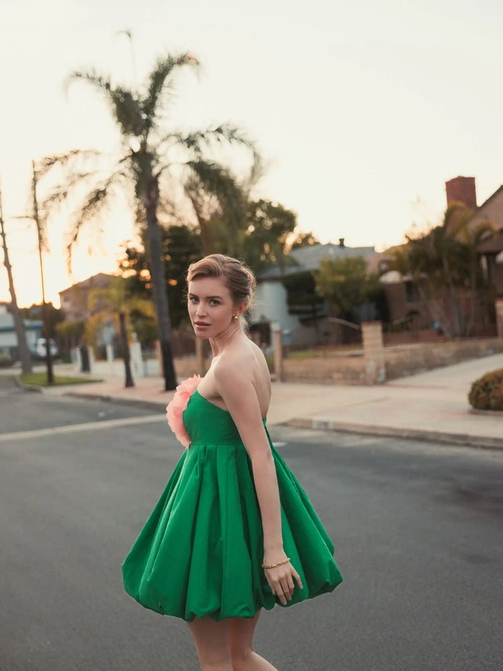 Mac Duggal 20931 Green Strapless Faille Mini Dress With 3D Flower