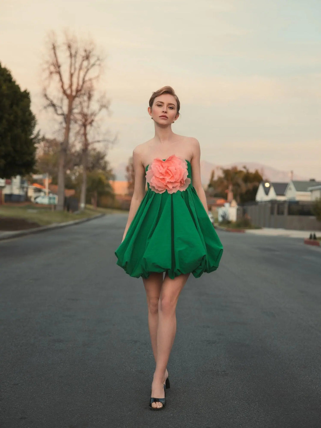 Mac Duggal 20931 Green Strapless Faille Mini Dress With 3D Flower