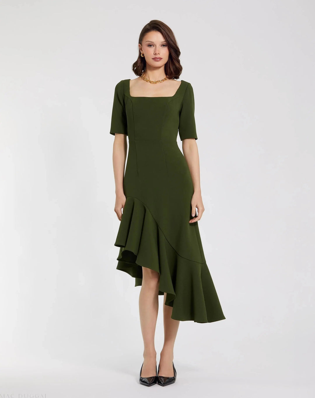 Mac Duggal 21019 Crepe 3/4 Sleeve Asymmetrical Hem Dress