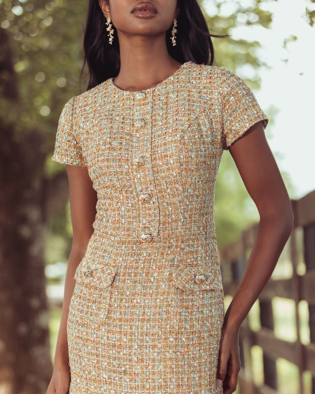 Mac Duggal 21167 High Neck Short Sleeve Boucle Midi Dress