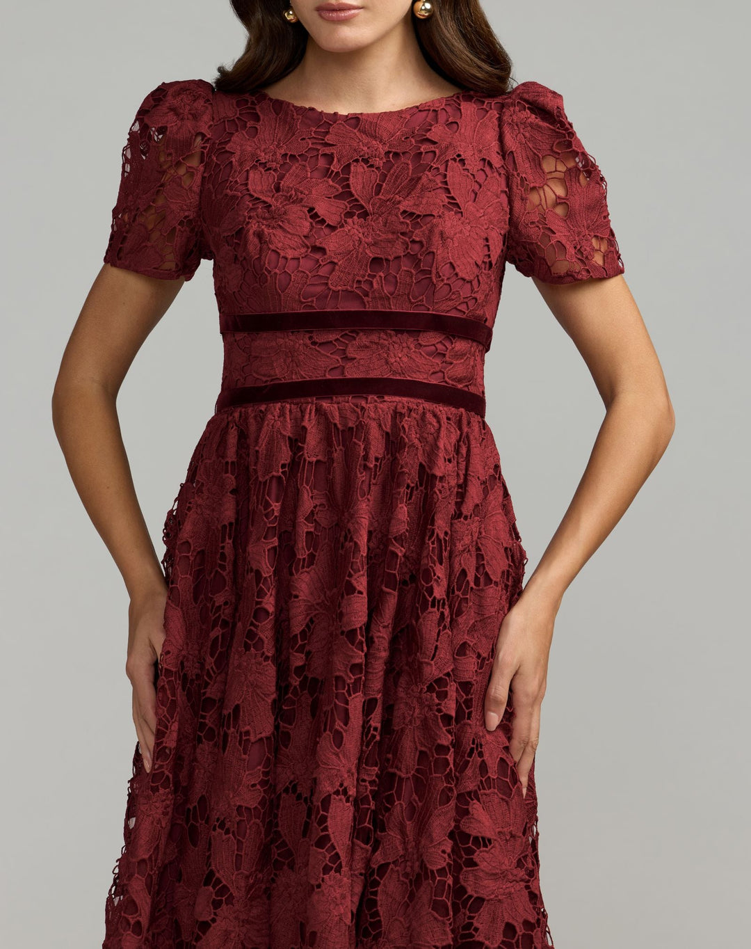 Mac Duggal 21210 A-Line Short Sleeve Lace Midi Dress