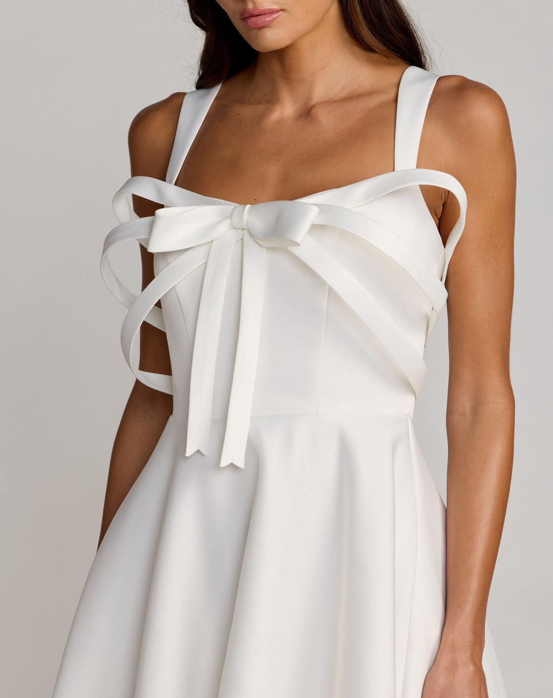 White Satin Sleeveless A Line Midi Dress With Bow - FOSTANI.com