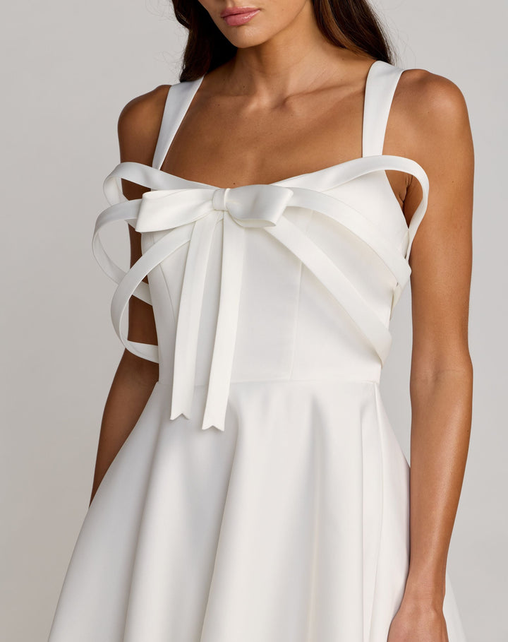 White Satin Sleeveless A Line Midi Dress With Bow - FOSTANI.com