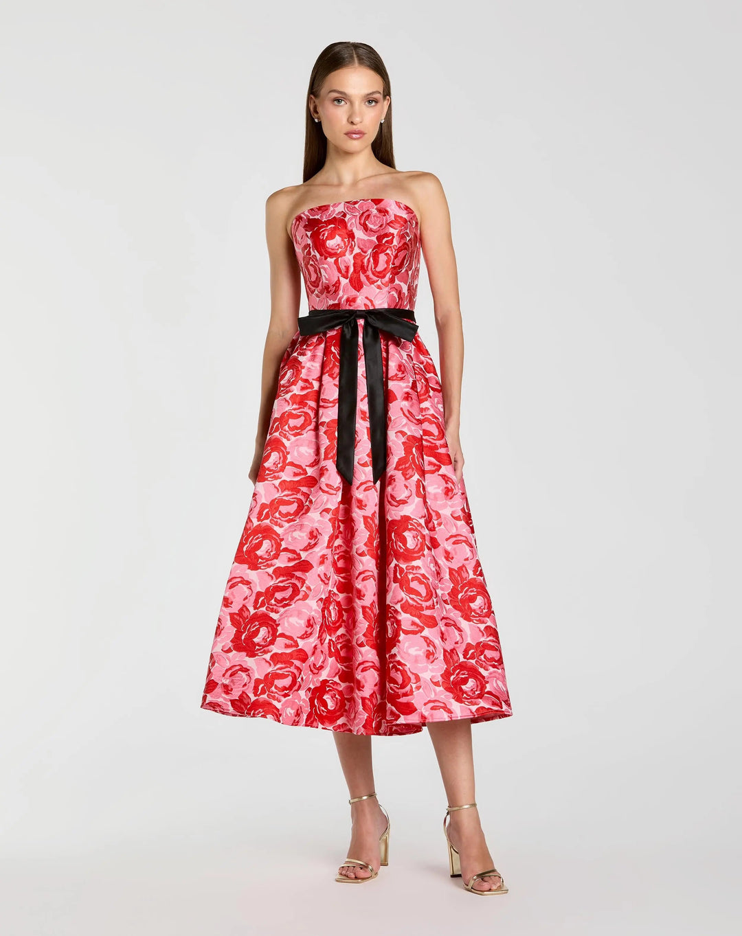 Red Strapless Brocade Midi Dress with Satin Bow - FOSTANI.com