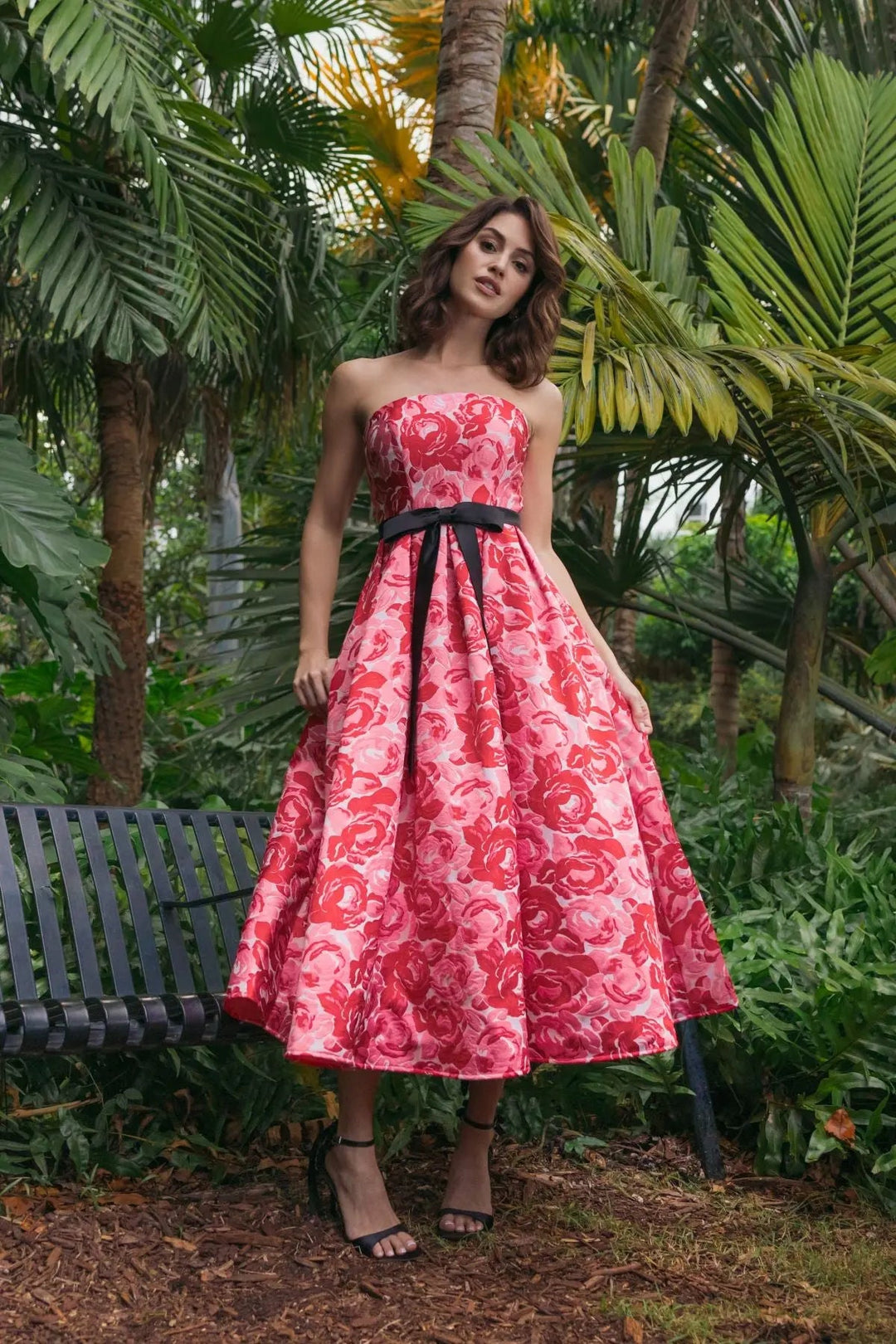 Red Strapless Brocade Midi Dress with Satin Bow - FOSTANI.com