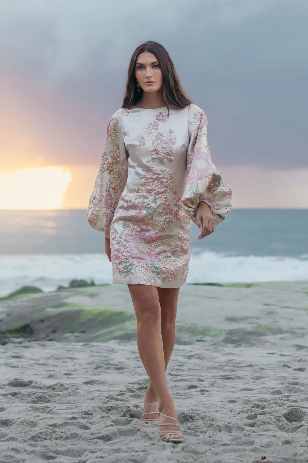 Mac Duggal 21256 Ivory Brocade High Neck Long Sleeve Mini Dress