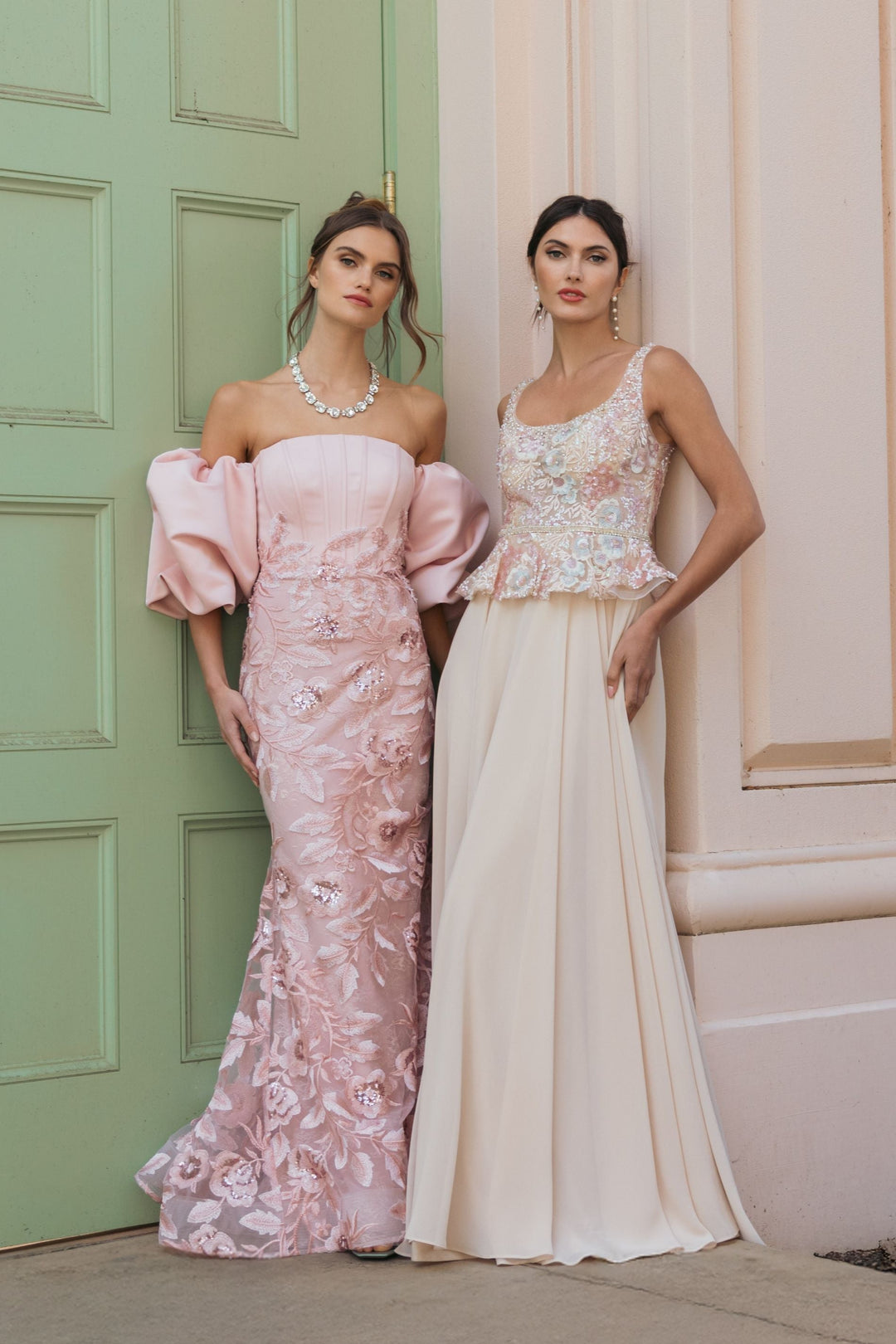 Beige Embroidered Peplum Top With Chiffon Skirt Gown - FOSTANI.com