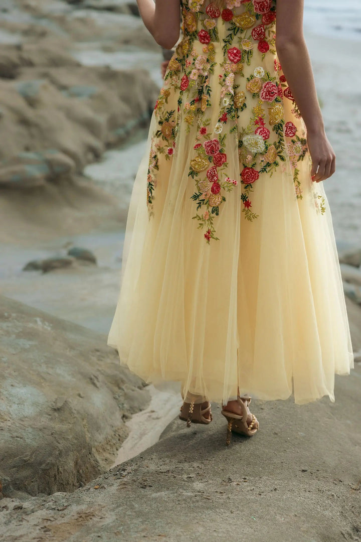 Yellow Embroidered Tulle A-Line Midi Dress - FOSTANI.com