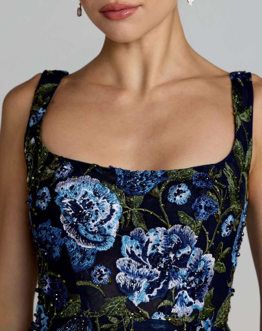 Mac Duggal 21295 Navy Square Neck Embroidered A-Line Midi Dress