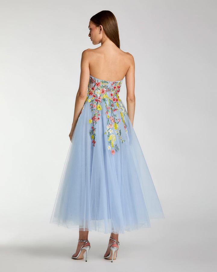 Blue Strapless Floral Embroidered A-Line Midi Dress - FOSTANI.com