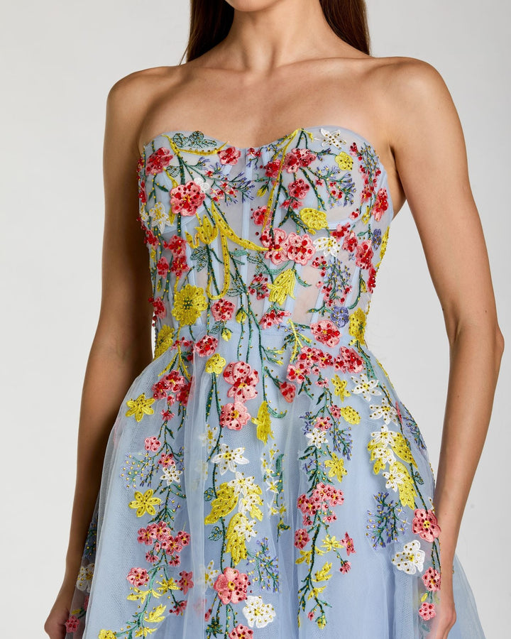 Blue Strapless Floral Embroidered A-Line Midi Dress - FOSTANI.com
