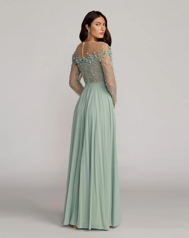 Mac Duggal 21315 Green Embellished Off the Shoulder Gown With 3D Flowers