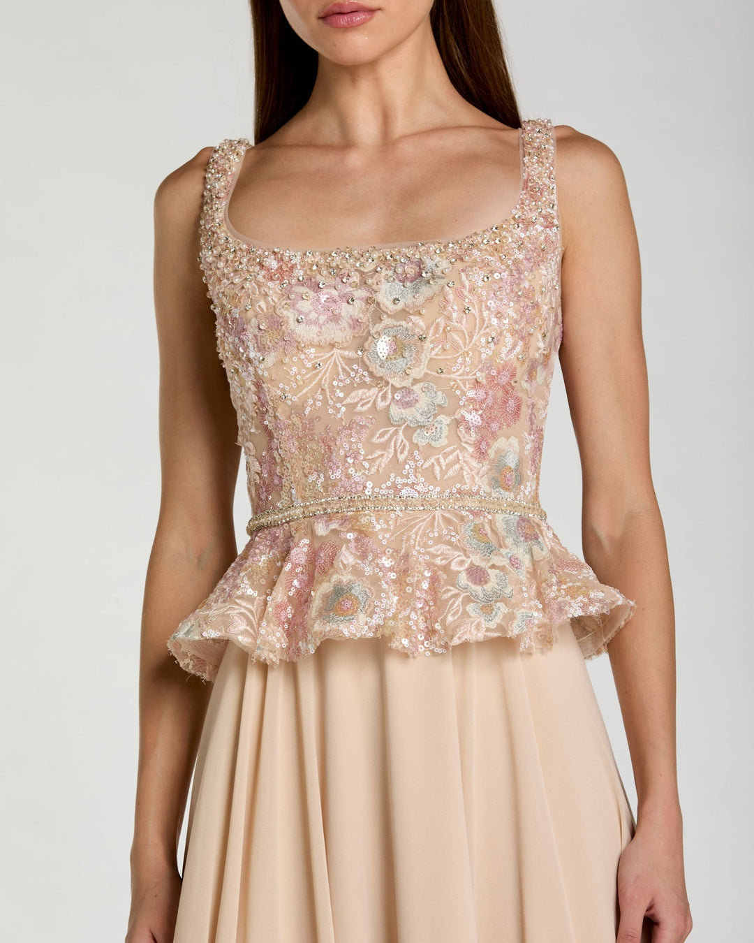 Beige Embroidered Peplum Top With Chiffon Skirt Gown - FOSTANI.com