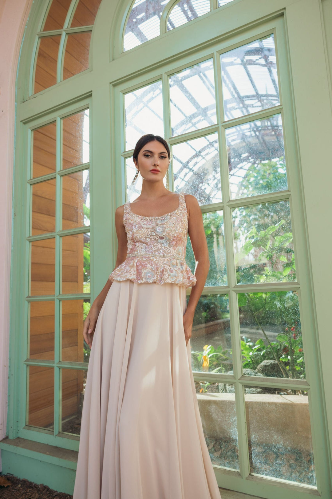 Beige Embroidered Peplum Top With Chiffon Skirt Gown - FOSTANI.com