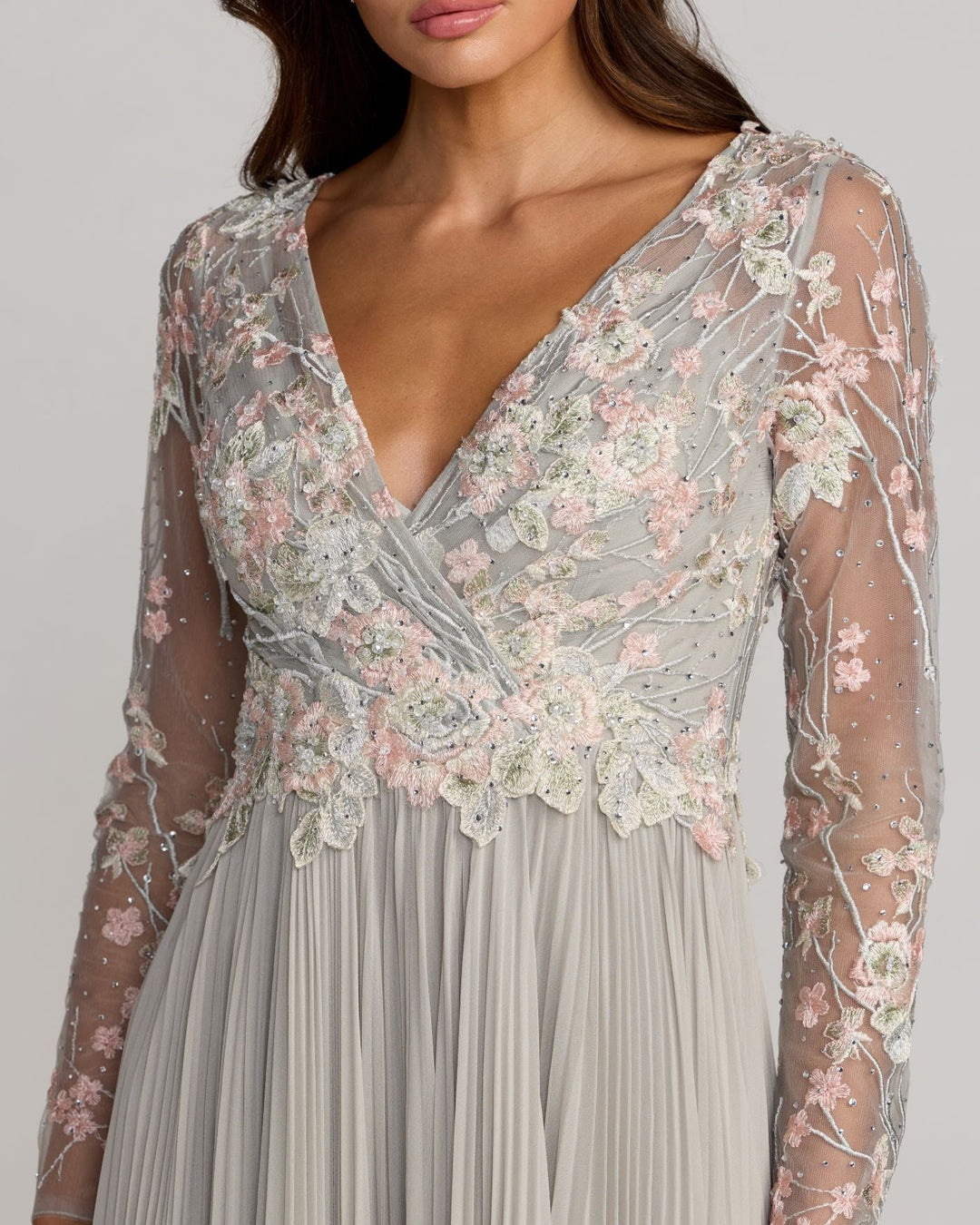 Mac Duggal 21332 Gray Long Sleeve Embroidered Chiffon A-Line Gown