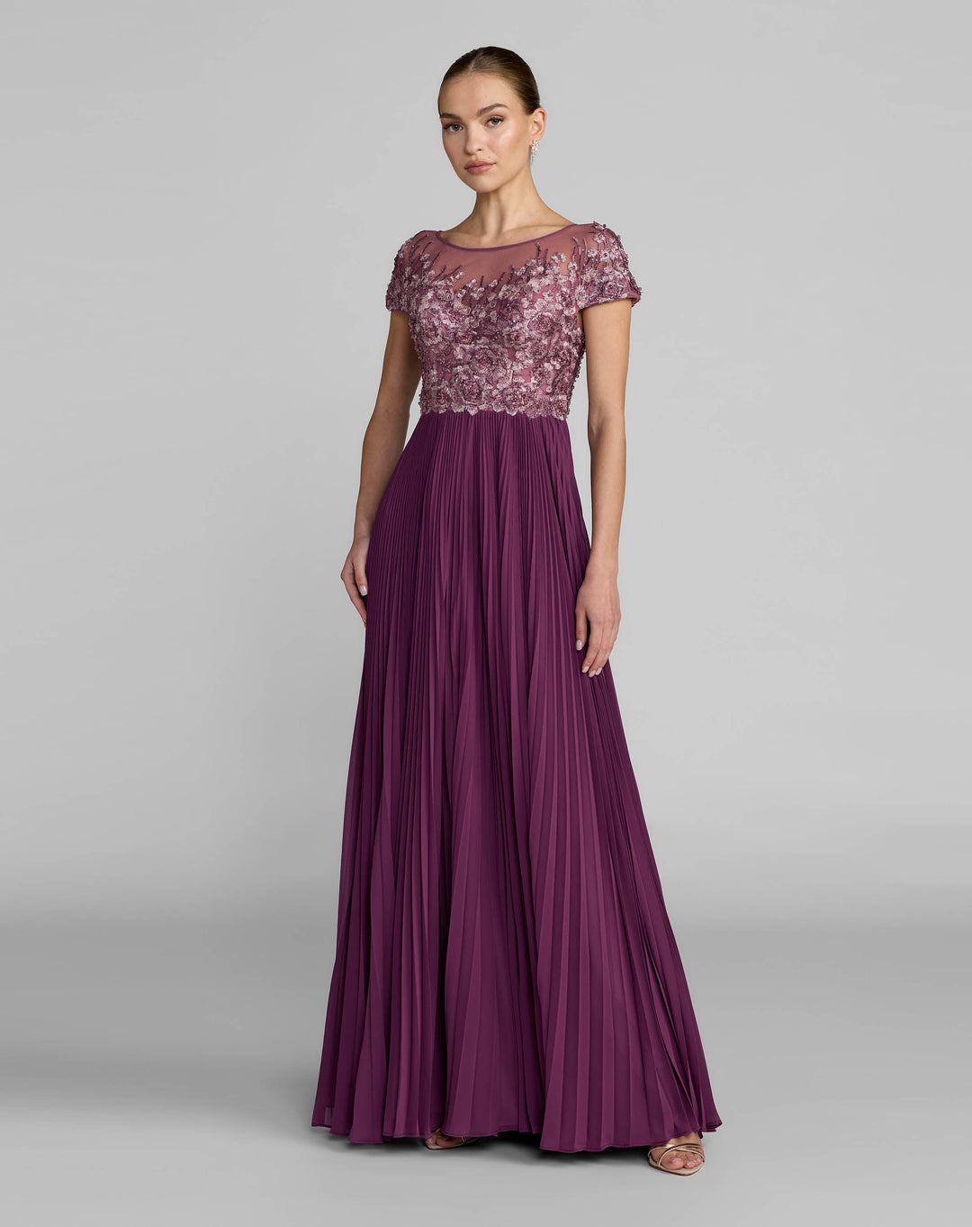 Mac Duggal 21334 Embroidered Cap Sleeve Pleated Gown