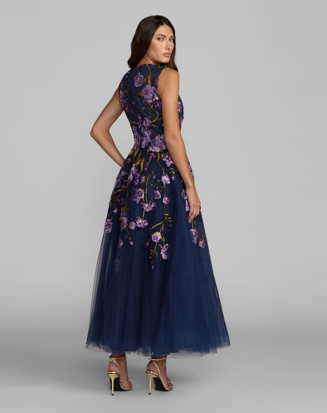 Mac Duggal 21358 Navy Embroidered Sleeveless A-Line Midi Dress