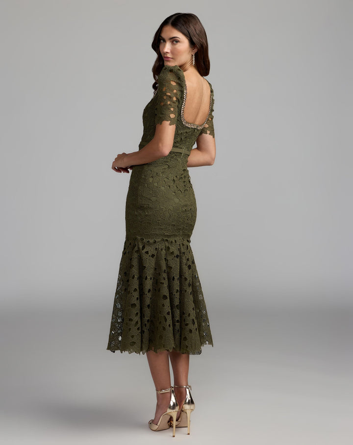 Mac Duggal 21397 Embellished Square Neck Lace Midi Dress