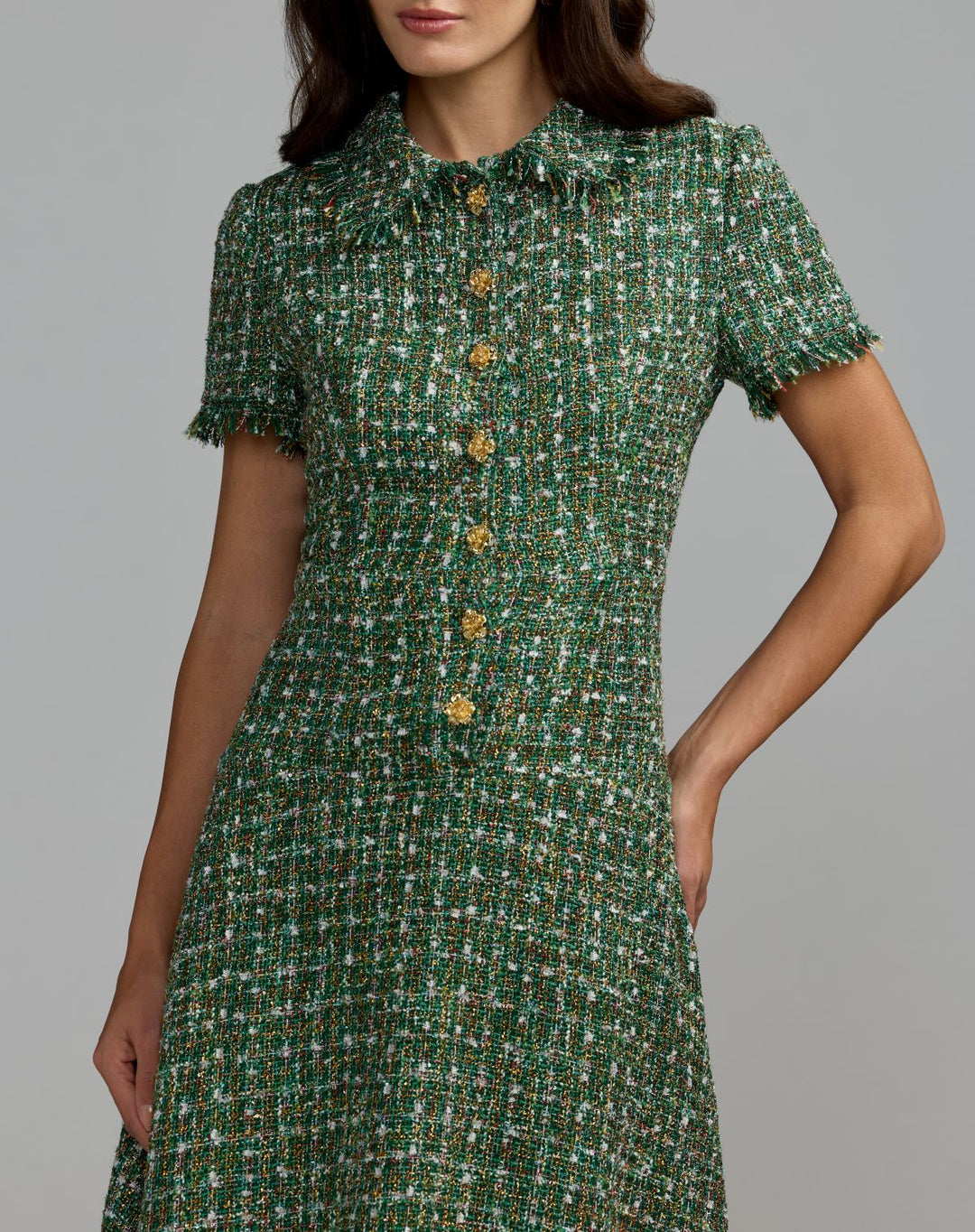 Mac Duggal 21420 Boucle Short Sleeve Button Up Midi Dress