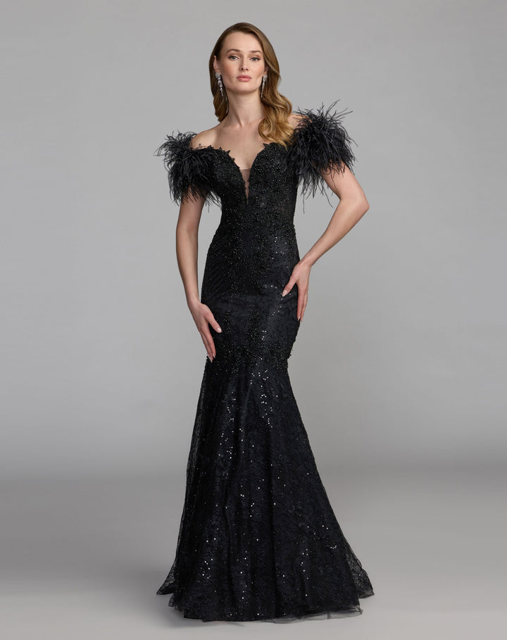 Mac Duggal 21577 Beaded Lace Mermaid Gown With Feathers