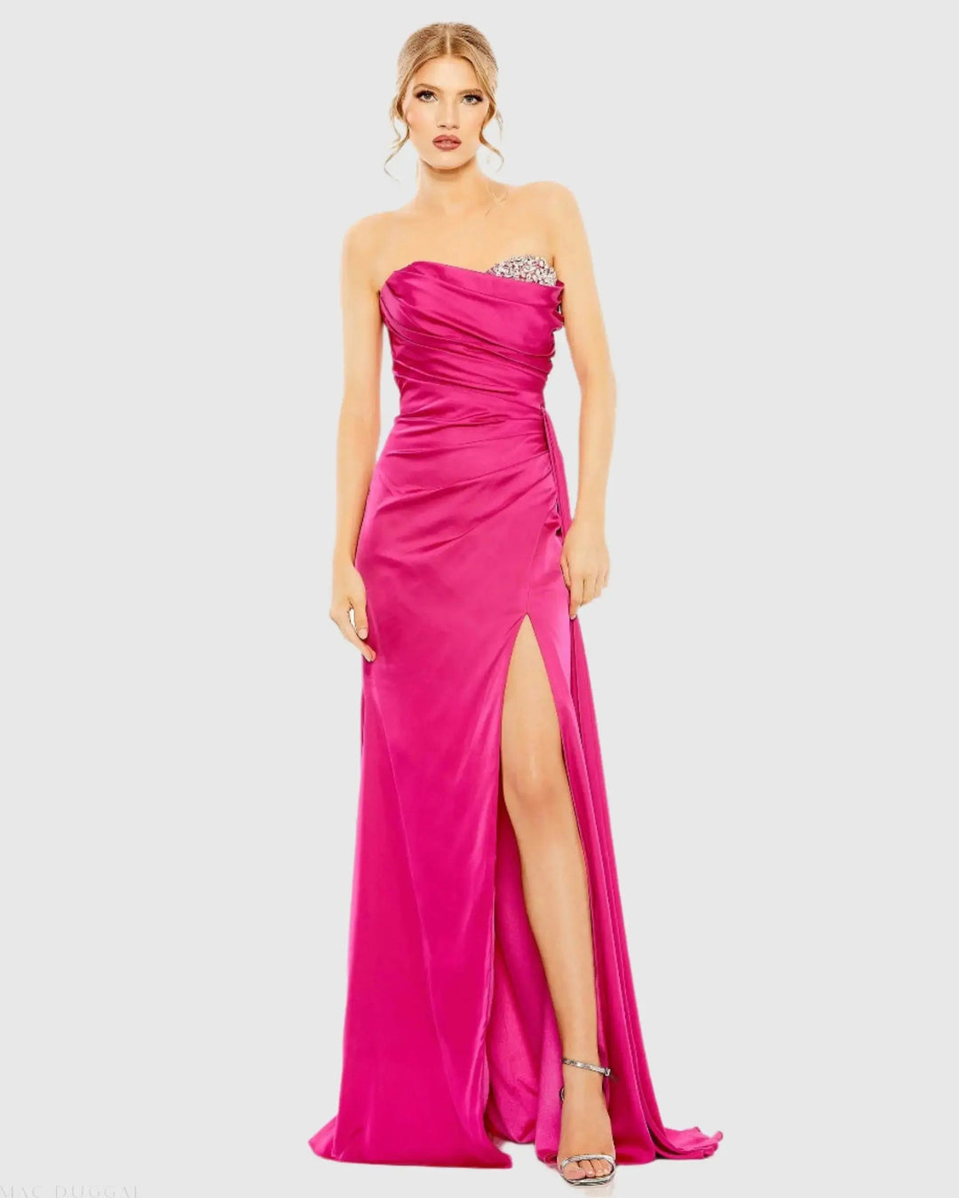 Mac Duggal 2211 Pink Strapless Embellished Sweetheart Neckline Satin Gown