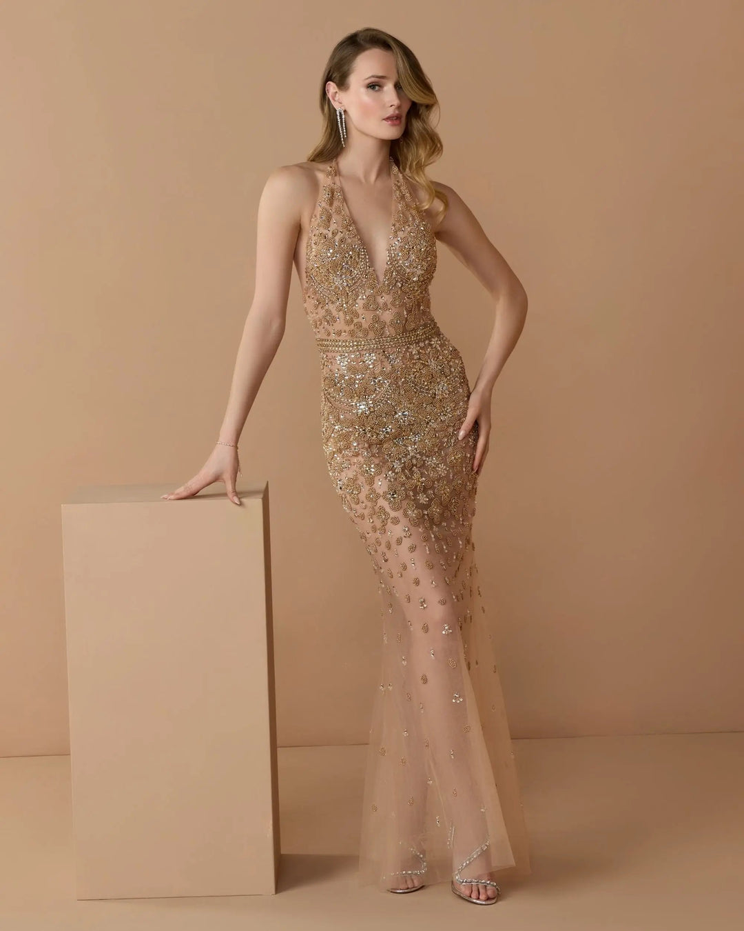 Mac Duggal 2241 Hand Embellished Open Back Halter Gown