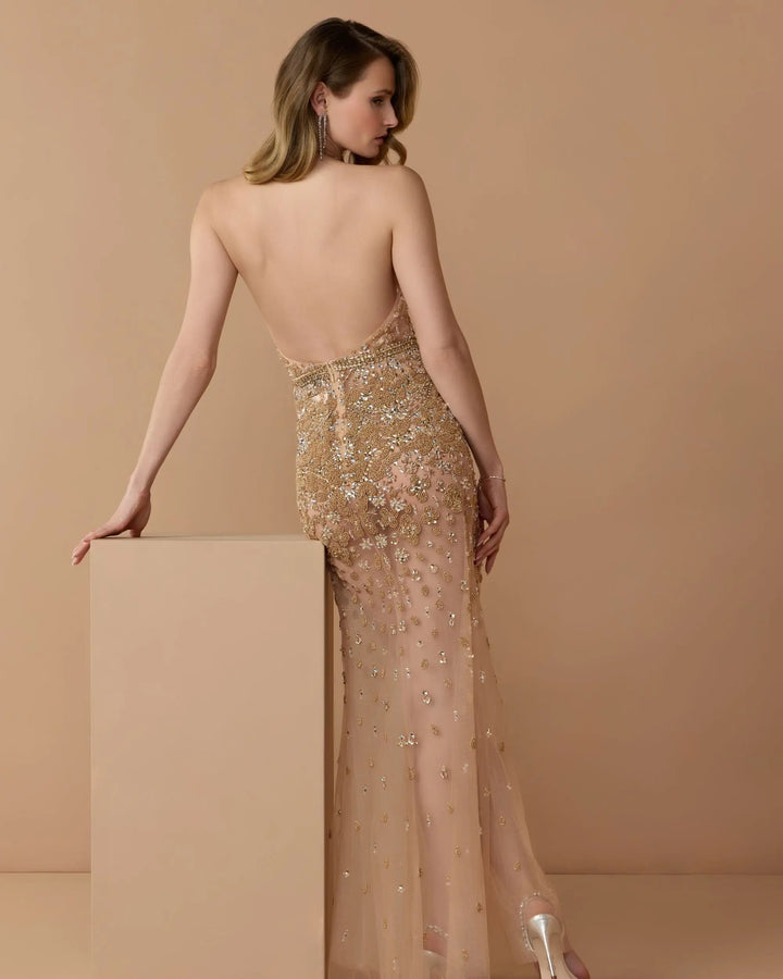 Mac Duggal 2241 Hand Embellished Open Back Halter Gown
