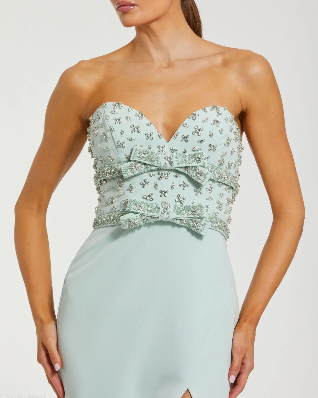 Mac Duggal 2285 Green Strapless Rhinestone Bodice Crepe Gown