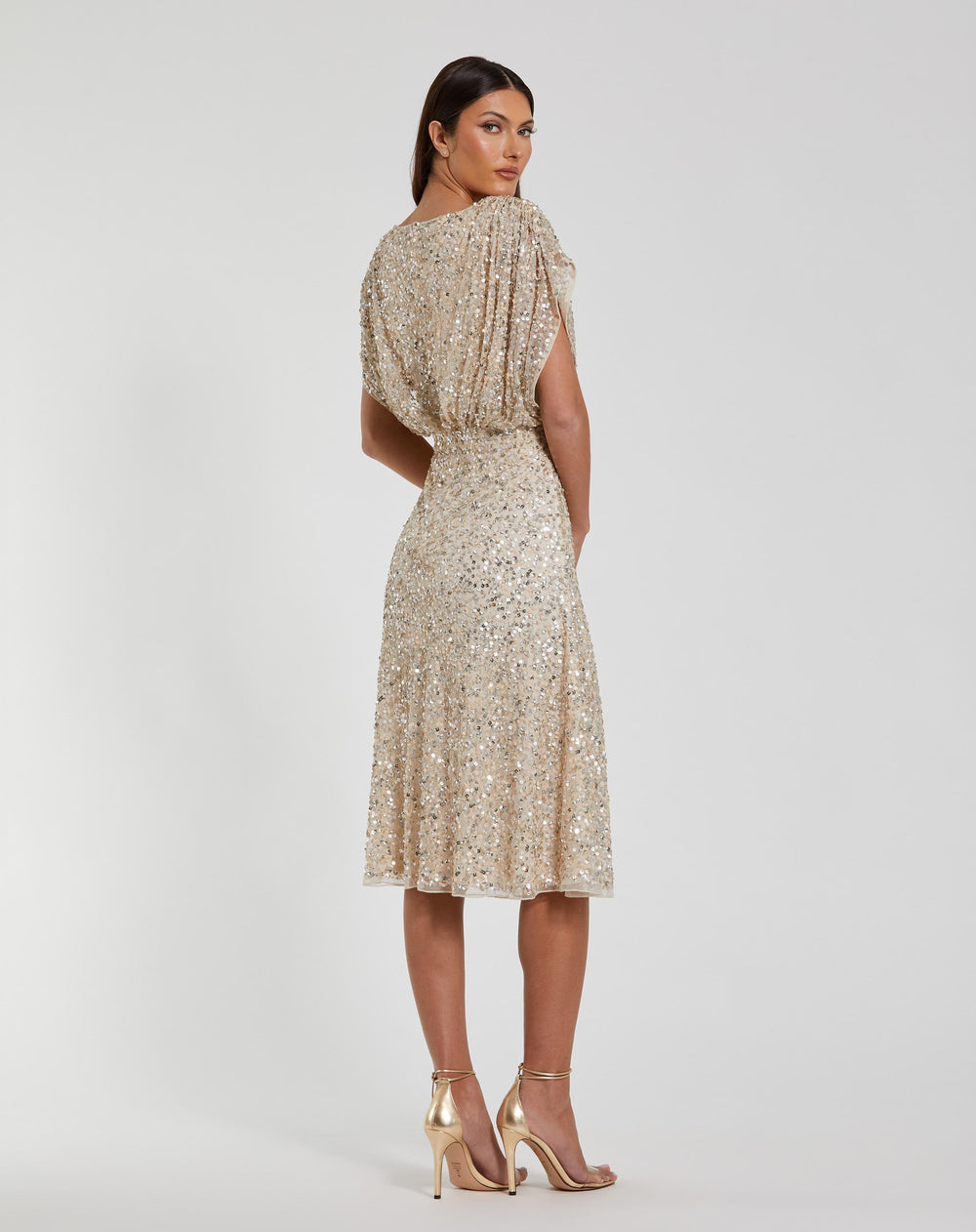 Mac Duggal 23027 Sequin Draped Sleeve V-Neck Midi Dress