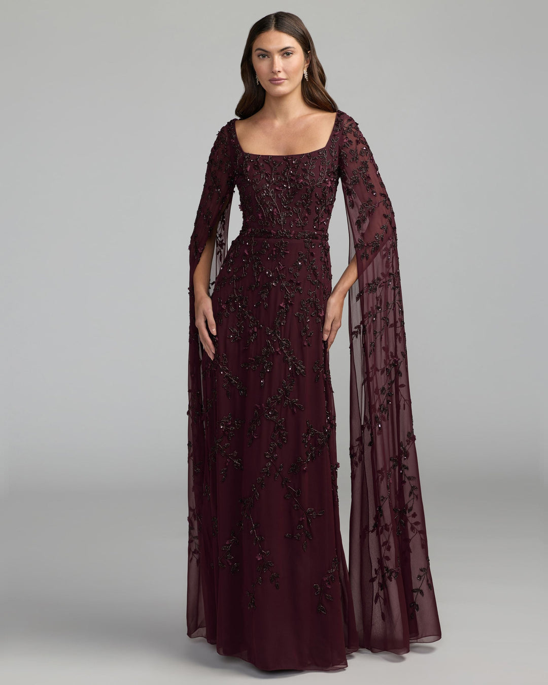 Mac Duggal 23068 Floral Embellished Cape Sleeve Gown