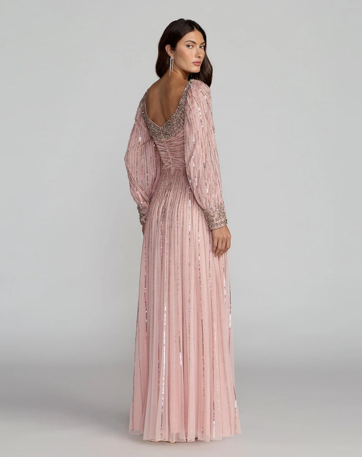Mac Duggal 23085 Pink Embellished Long Sleeve Scoop Neck A-Line Gown