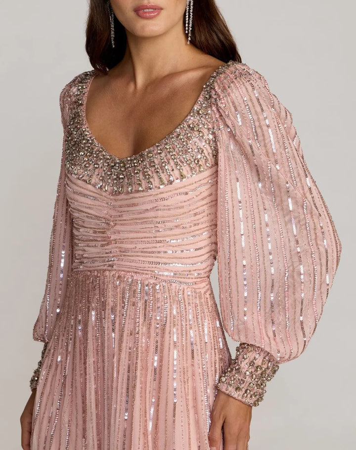 Mac Duggal 23085 Pink Embellished Long Sleeve Scoop Neck A-Line Gown