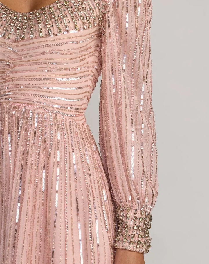 Mac Duggal 23085 Pink Embellished Long Sleeve Scoop Neck A-Line Gown