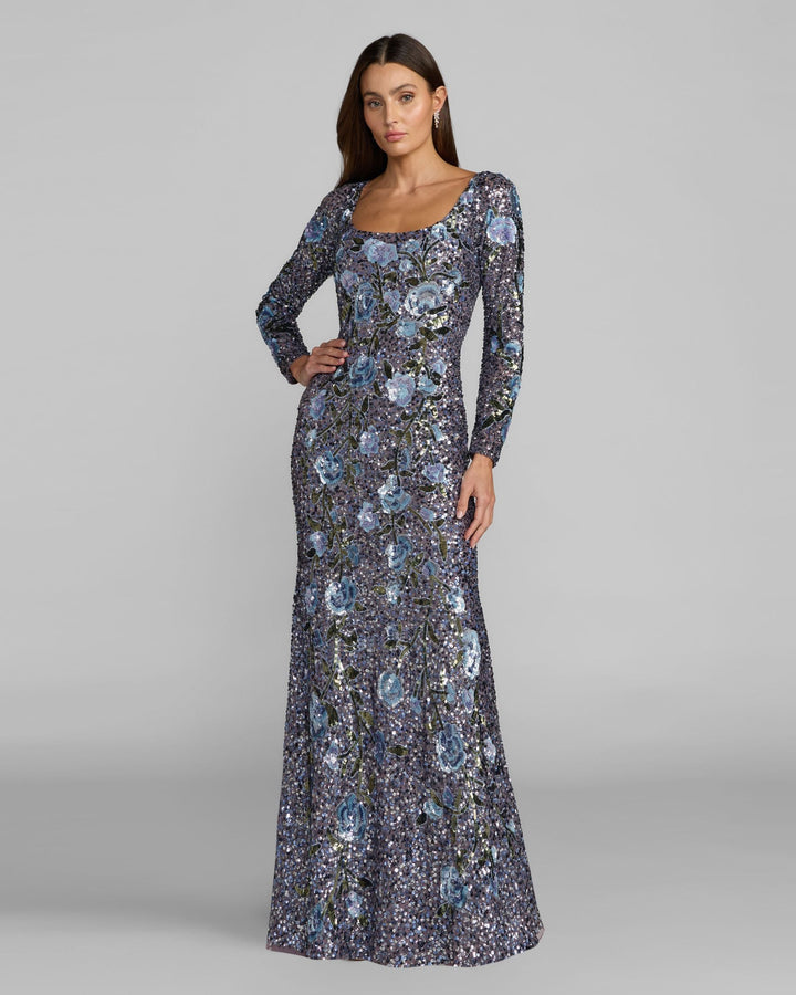 Mac Duggal 23103 Blue Floral Sequin Long Sleeve Gown