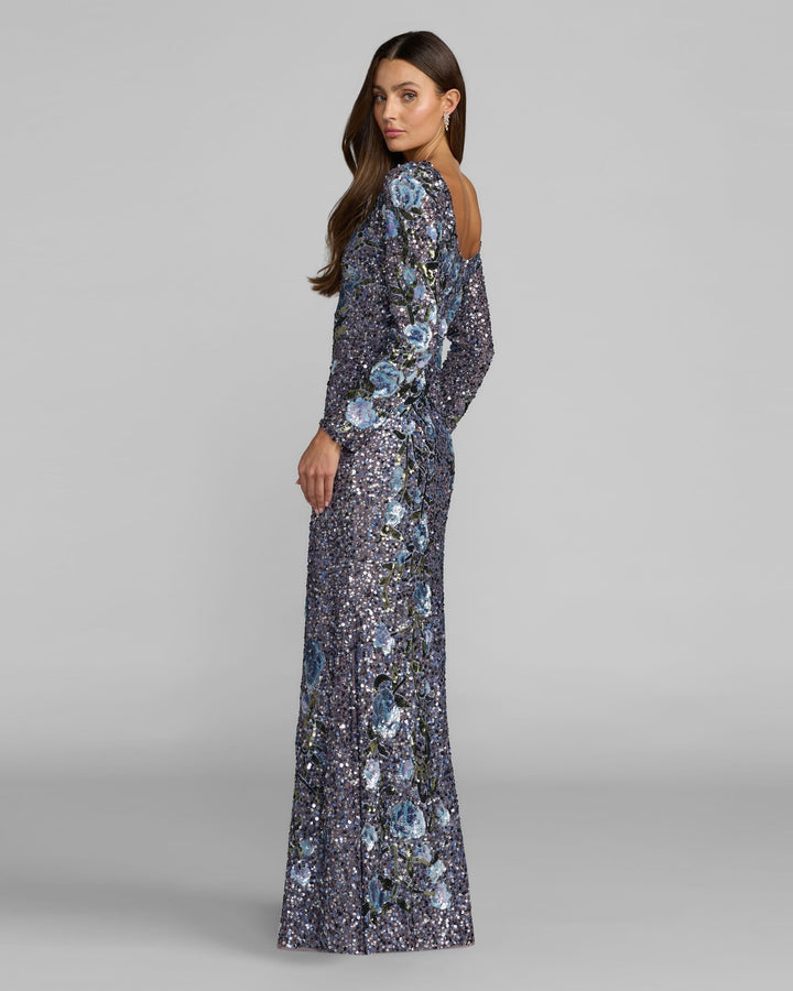 Mac Duggal 23103 Blue Floral Sequin Long Sleeve Gown